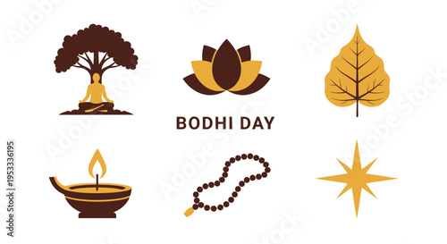 Graphic featuring six symbols related to Bodhi Day a meditating figure under a tree a lotus a leaf a lamp prayer beads and a star