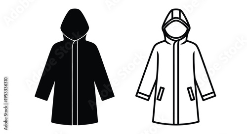 Two hooded jackets one solid and one outlined in black and white silhouette