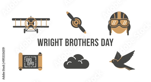 Illustration for Wright Brothers Day featuring aviation icons and text