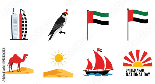 Icons related to the United Arab Emirates architecture falcon flags camel sun boat and logo