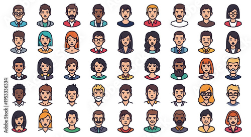 Diverse group of cartoon people icons.