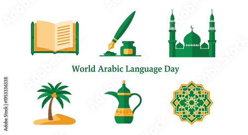 Graphic illustration for World Arabic Language Day with icons book pen mosque palm coffee pot pattern