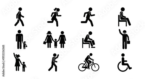Black silhouette icons of people performing various daily activities.