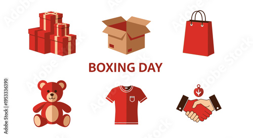 Red and brown icons for Boxing Day including gifts box bag bear shirt and handshake