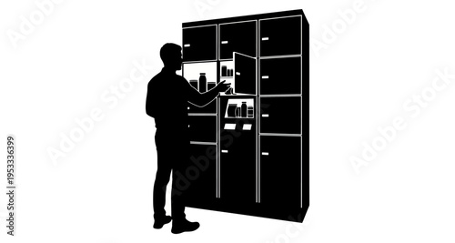 Man selecting items from a locker storage unit organized shelves with products