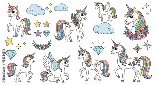 A group of colorful cartoon unicorns and fantasy elements.