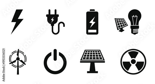 Energy source icons lightning power solar and nuclear silhouette