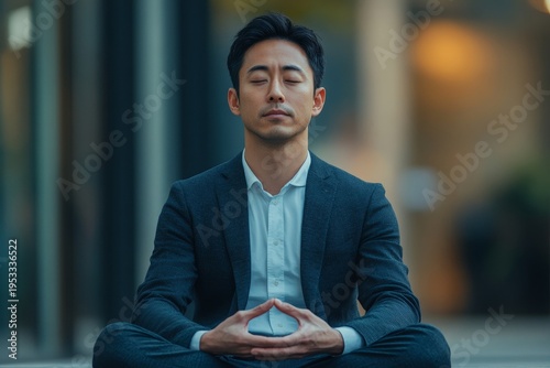 Serious Asian male businessman sitting on a bench near an office, in lotus position and meditating with closed eyes, focusing on mental clarity and relaxation during a break, Generative AI