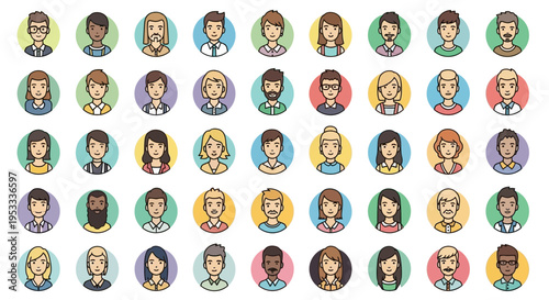 Diverse group of cartoon people icons.