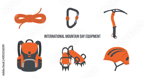 Six orange and gray pieces of mountaineering equipment on a white background