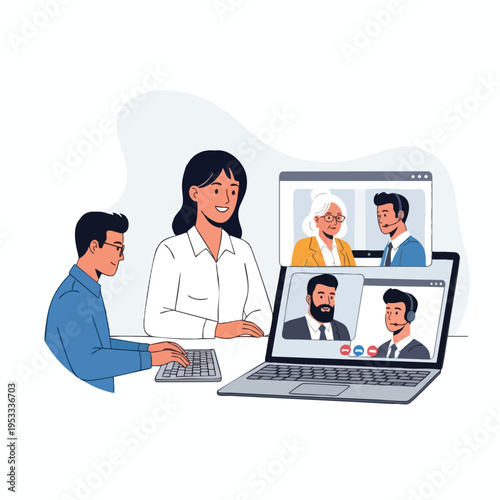 Two people interact via video conference on screens and a laptop