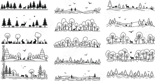Minimal line landscape scenes with trees, hills and forests, simple nature outlines and countryside views vector illustration set