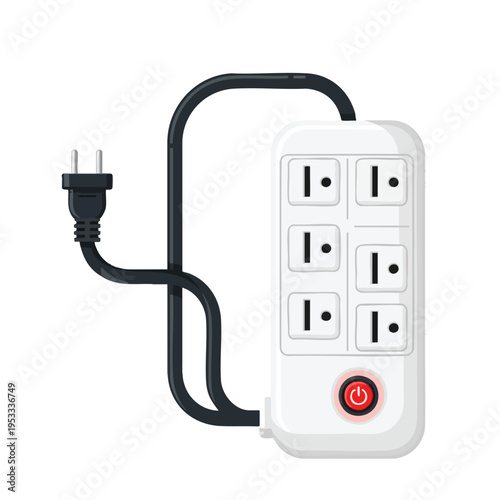 White power strip with six outlets and a red illuminated power button