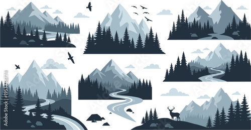 Mountain landscapes with rivers, pine forests and wildlife silhouettes, scenic nature panoramas outdoor adventure vector illustration set