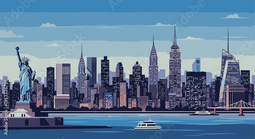Illustration of the New York City skyline with the Statue of Liberty in a stylized, graphic style against a blue sky with white clouds.