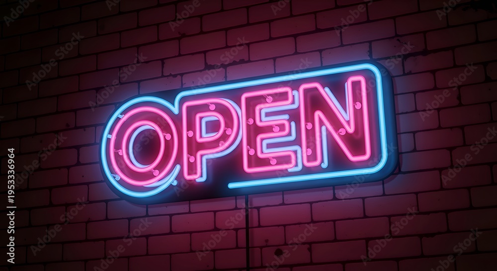 Fototapeta premium Neon OPEN Sign Glowing on Brick Wall at Night