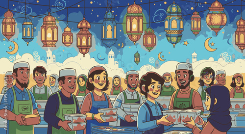 Illustration of diverse people serving food under hanging lanterns at night with a festive mood.