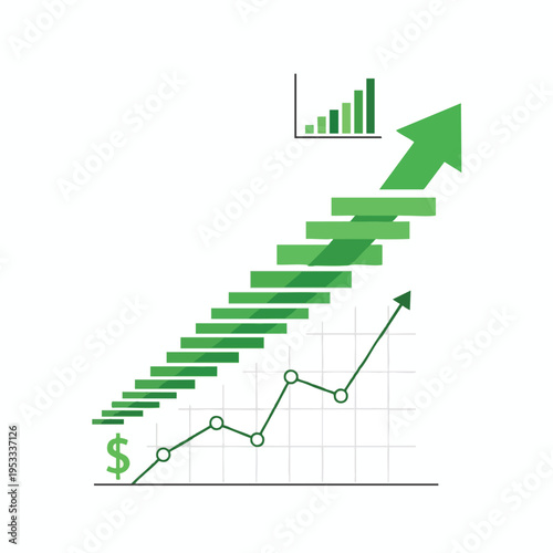 Illustrated upward trending bar chart and line graph with dollar sign