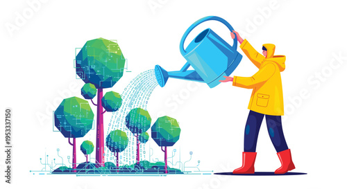 A character in a yellow raincoat and red boots waters a digital forest of polygonal trees with binary code streaming from a blue watering can.