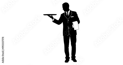Silhouette Waiter Holding Tray with Towel Formal Service Isolated on White Background