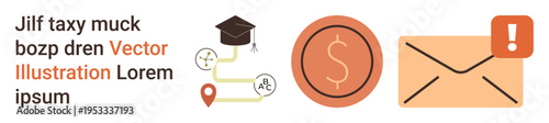 Education tools, financial planning, communication, business concepts, e-learning, notifications. Symbols of graduation cap, dollar sign envelope and interactive connections. Education