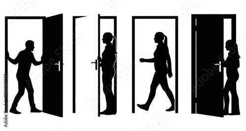 Silhouettes of people entering and exiting doors symbolizing opportunities and choices