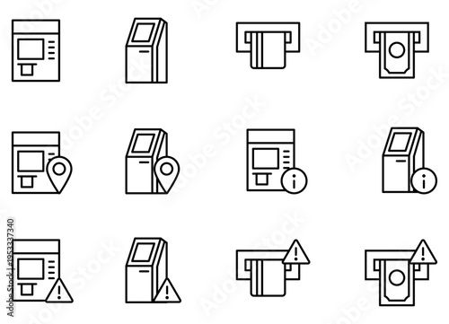 銀行ATM、クレカ、キャッシュカード、現金の編集可能なライン線画アイコン