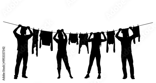 Silhouettes of people hanging laundry on a clothesline outdoor chore
