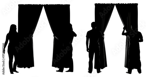Silhouettes of People Opening Dark Curtains Revealing White Space