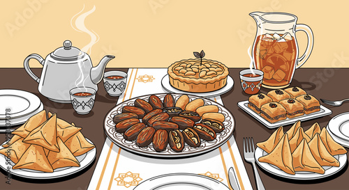 Flat lay of a traditional Middle Eastern or South Asian breakfast spread on a table with a pitcher of juice and a teapot, against a plain background.