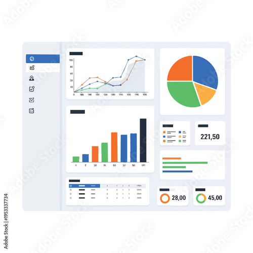 Digital dashboard with charts, graphs, and data visualizations