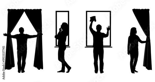 People Silhouettes Opening Curtains Cleaning Window And Looking Out Window