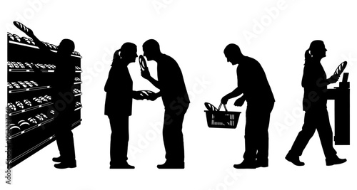 People Silhouettes Shopping for Bread in Bakery Aisle and at Counter