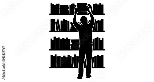 Person Placing Book on Shelf Silhouette Library Context