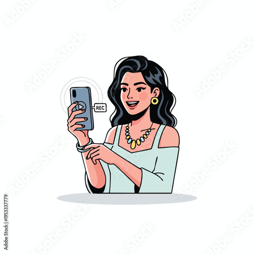 Woman records herself with a smartphone displaying a "REC" indicator and waves