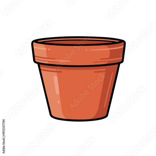 A terracotta colored flower pot with a rolled rim and dark outline