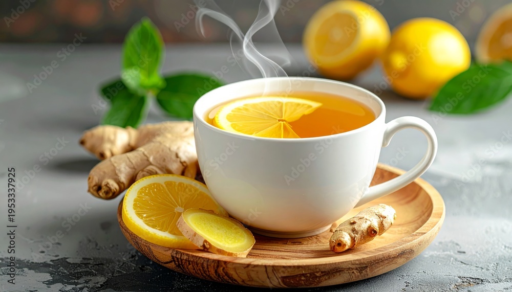 Obraz premium Fresh closeup of a healthy hot beverage featuring a slice of citrus fruit in a white cup of herbal lemon tea with honey and mint