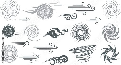 Abstract wind swirl elements with spiral motion lines, cyclone shapes and air flow symbols, decorative weather vector illustration set