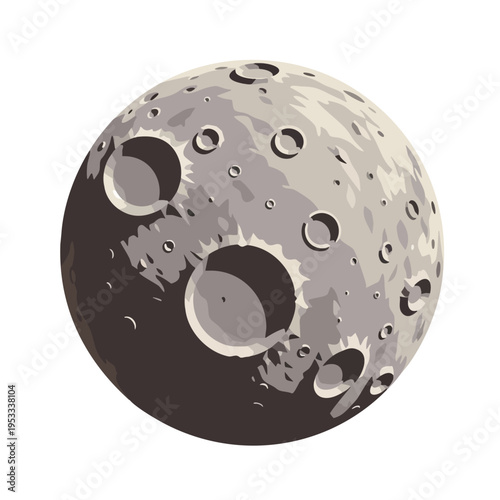 A stylized, flat illustration of a cratered celestial body against a white background