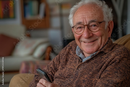 Senior man with a charming smile using phone at home, reflecting contentment and engagement while interacting digitally from his home environment, Generative AI