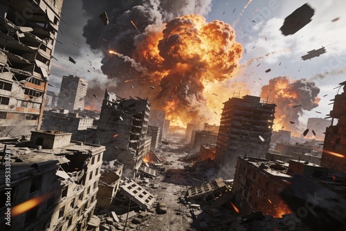 A massive explosion devastates a cityscape causing destruction and chaos in the urban landscape with buildings on fire.