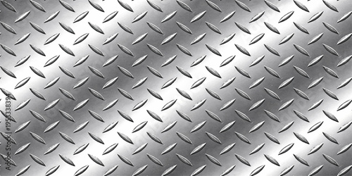A seamless gray brushed aluminum plate texture featuring an industrial diamond pattern on a metallic silver steel surface for a textured construction material backdrop