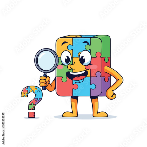 Anthropomorphic puzzle cube holds magnifying glass examining a puzzle question mark