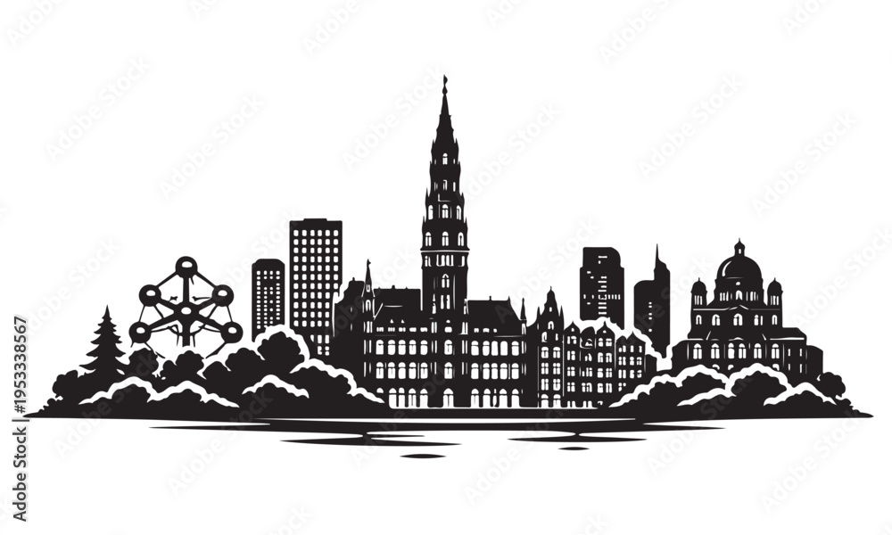Fototapeta premium Brussels Skyline Silhouette, Silhouette Vector, Isolated on White Background