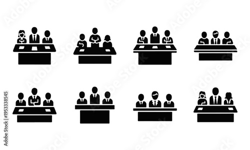 Set of Business Meeting Icons, People at Desk, Conference Committee Vector