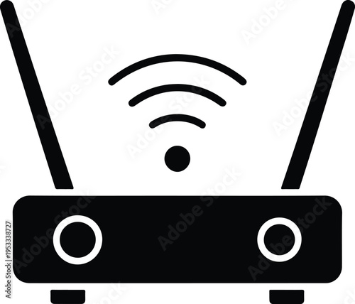 Black wireless router icon with antenna and signal waves isolated on a white background