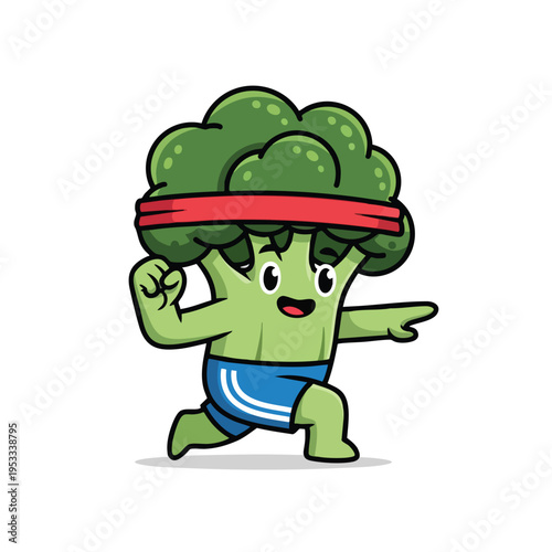 Lively cartoon broccoli with a red headband and blue shorts, running happily