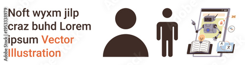 Education, artificial intelligence, digital learning, translation tools, technology, human interaction. Display of robot on screen, book person icons. Education and artificial intelligence