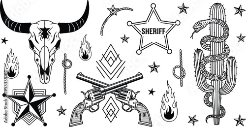 Wild west symbols with bull skull, revolvers, sheriff badge and cactus snake, vintage cowboy tattoo style vector illustration set