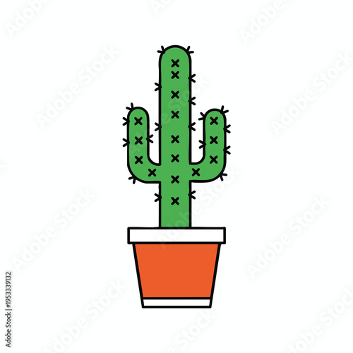 Stylized green cactus with black X-shaped spines in an orange pot